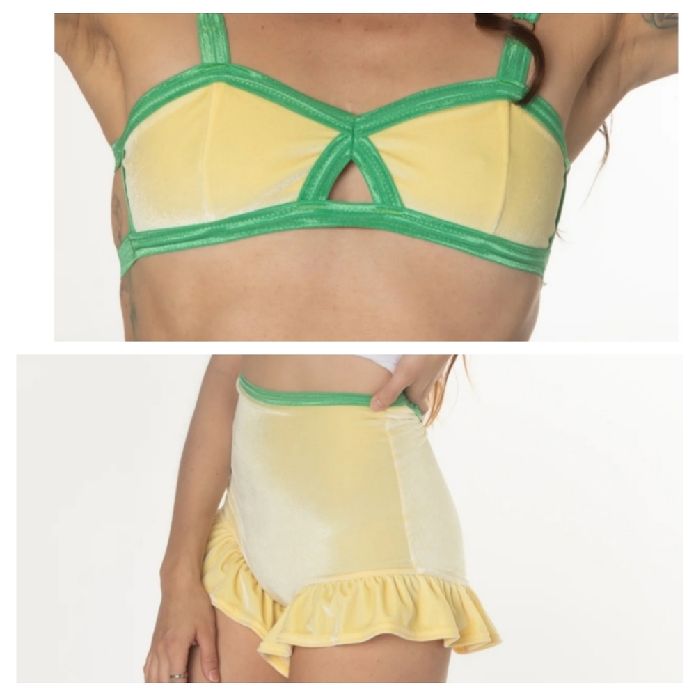 NWT Solstice Intimates yellow velvet lingerie set ruffles shorties and bralette